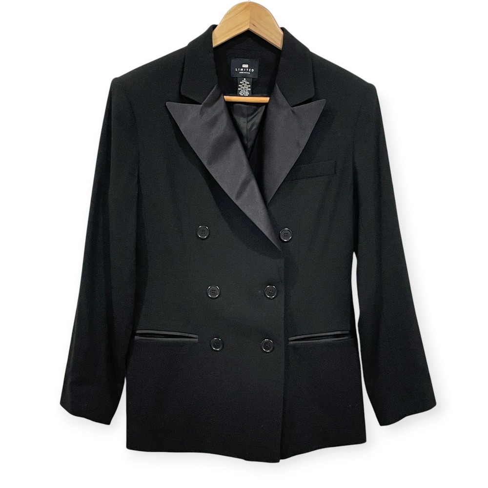 VTG Limited Black Wool Double Breasted Satin Lapel Blazer Women 6 Tux Dressy 90s